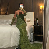 Vestidos de Noite de Sereia de Luxo com Luvas, Bordados e Lantejoulas, Vestido de Baile para Mulheres, Vestidos de Festa