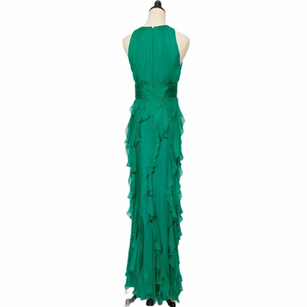 Robe de soirée élégante à volants verts pour femme, robe de soirée à col rond, robe de soirée formelle