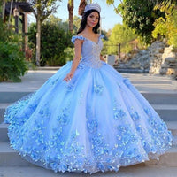 Off Shoulder 3D Flower Ball Gown Sweet 16 Birthday Puffy Prom Dress Beaded Quinceañera Dress Ms2505152