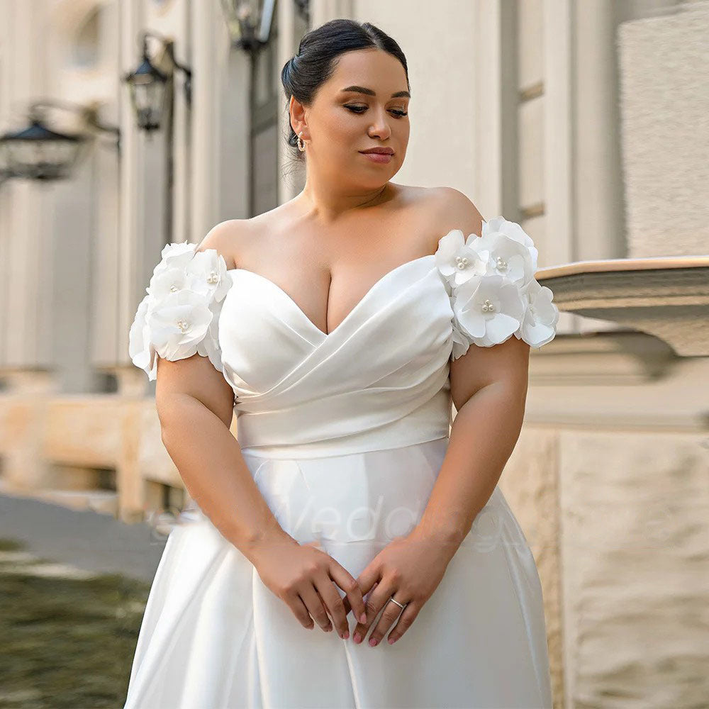 Satin Plus Size Wedding Dress Off Shoulder Pearls Flower Slit Bridal Gown Ms2503151