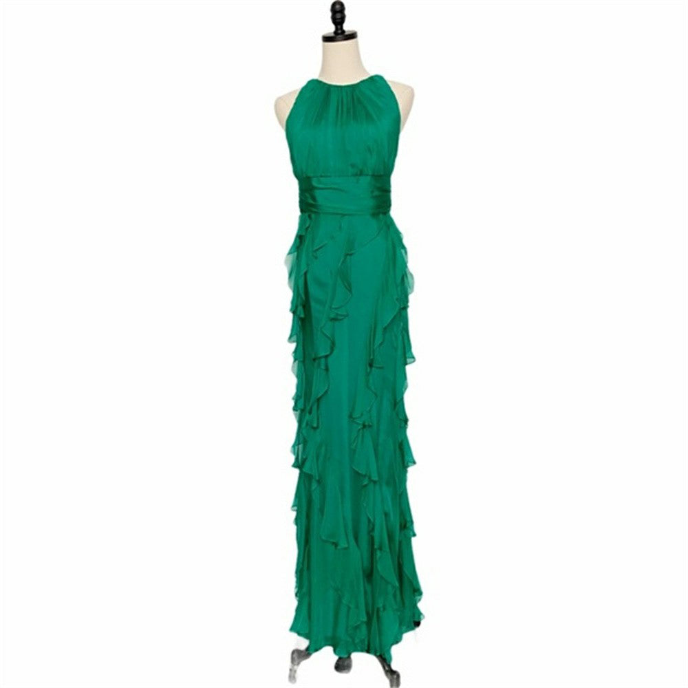 Robe de soirée élégante à volants verts pour femme, robe de soirée à col rond, robe de soirée formelle
