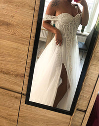 Boho Wedding Dresses Crystal Beading Off the Shoulder Lace Appliques A-Line Wedding Gown Sweetheart Bridal Gown