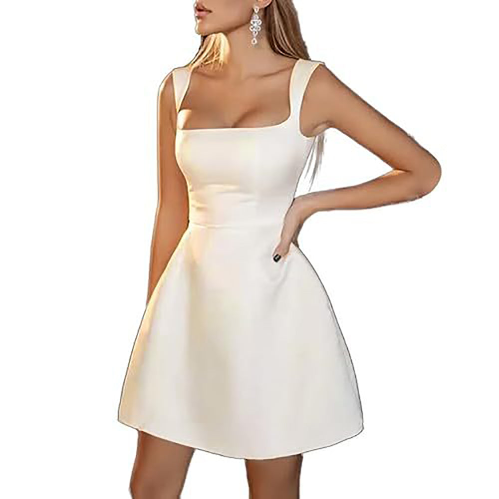 Elegante abito da sposa corto da donna con corsetto, collo quadrato, spalline sottili, sopra il ginocchio