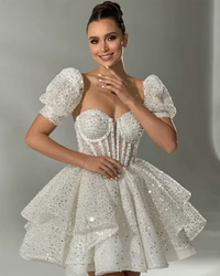 Litter Puff Sleeve Short Corset Wedding Party Dress Sparkling Layered Bridal Gown