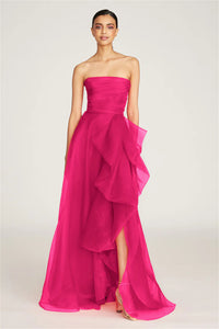 Vestido de baile formal preto chique com folhos em camadas de tule, sem alças, vestido de festa para a noite Ms2503292