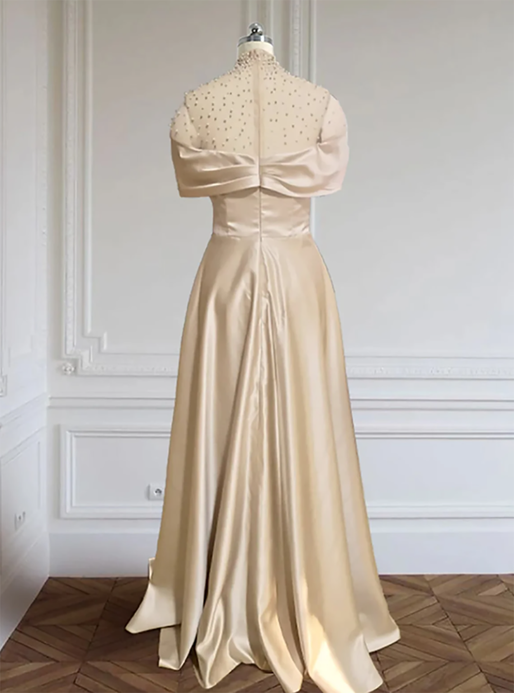 Abito da cerimonia da donna a linea ad A con collo alto, perline, abito da sera in raso di lusso, elegante abito da ballo