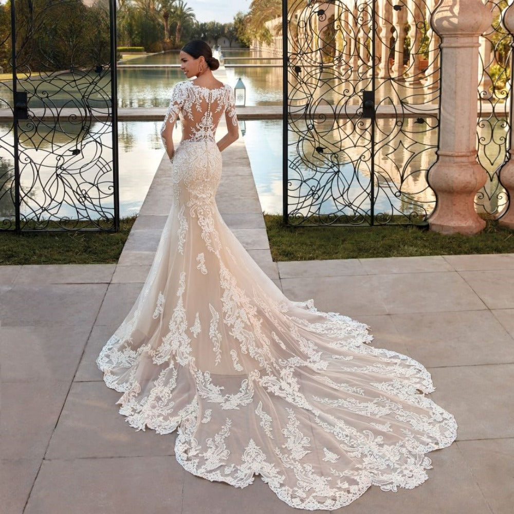 Boho Sheer O-neck Mermaid Wedding Dress Classic Lace Appliques Long Sleeves Elegant Bridal Gown