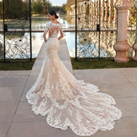 Boho Sheer O-neck Mermaid Wedding Dress Classic Lace Appliques Long Sleeves Elegant Bridal Gown