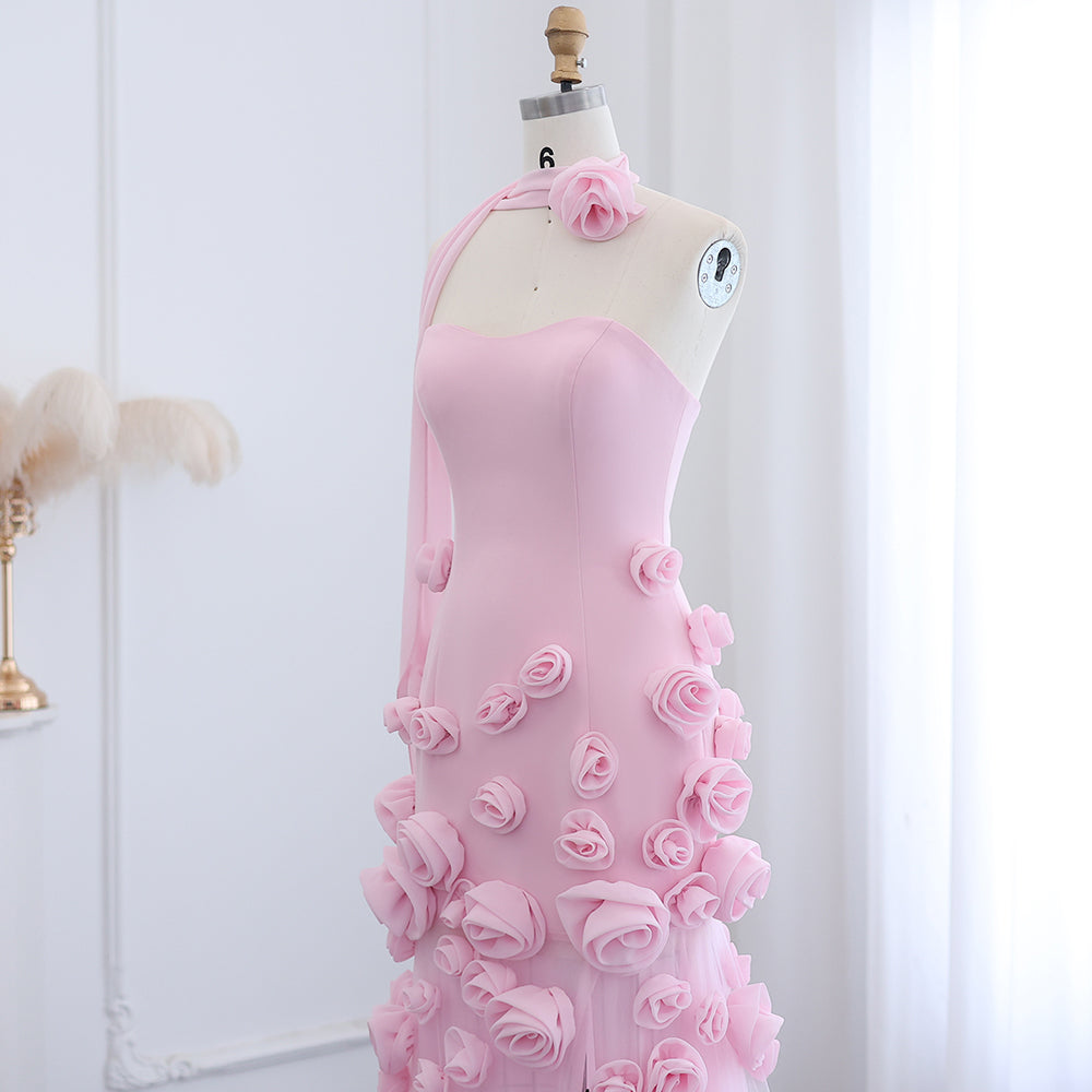 Elegante Abito da Sera con Fiori 3D Rosa 2025 Abito da Sposa Formale Lungo con Spacco Laterale Abito da Festa per Ragazza