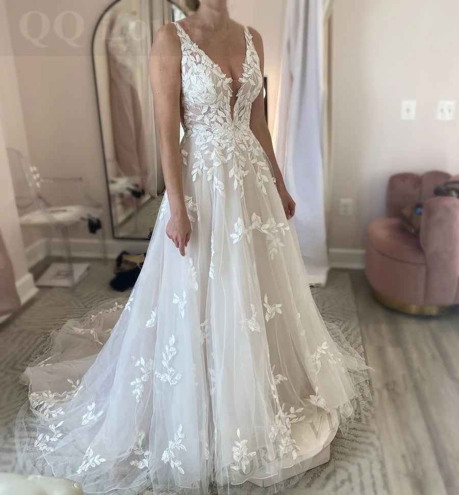 Langärmelige Brautkleider für die Braut, Brautkleider mit V-Ausschnitt, Spitzentüll, Brautkleider für Frauen mit Schleppe