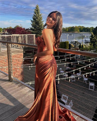 Elegant Satin Corset Evening Gown Floor Length Side Slit Sexy Party Dress Prom Formal Events