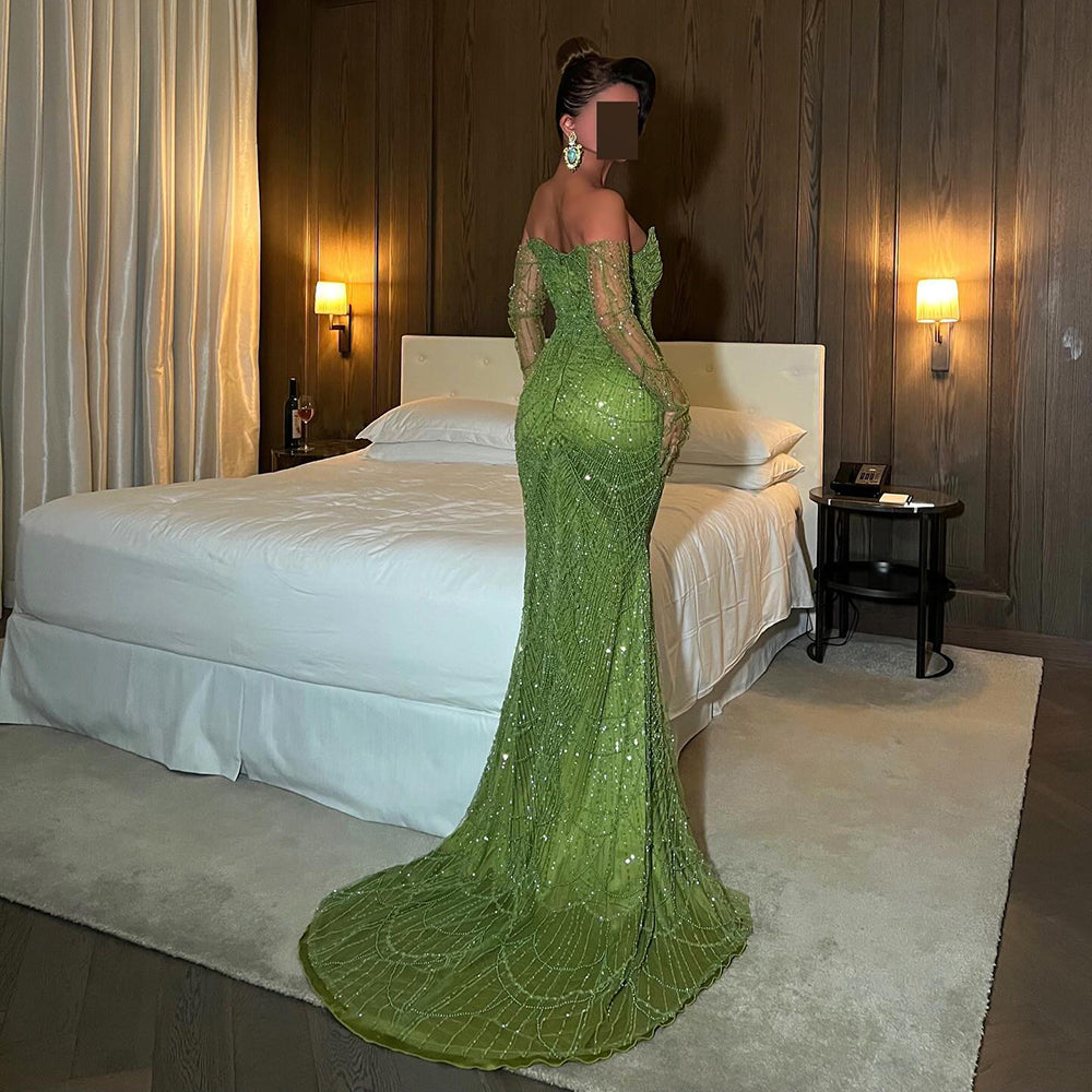 Vestidos de Noite de Sereia de Luxo com Luvas, Bordados e Lantejoulas, Vestido de Baile para Mulheres, Vestidos de Festa