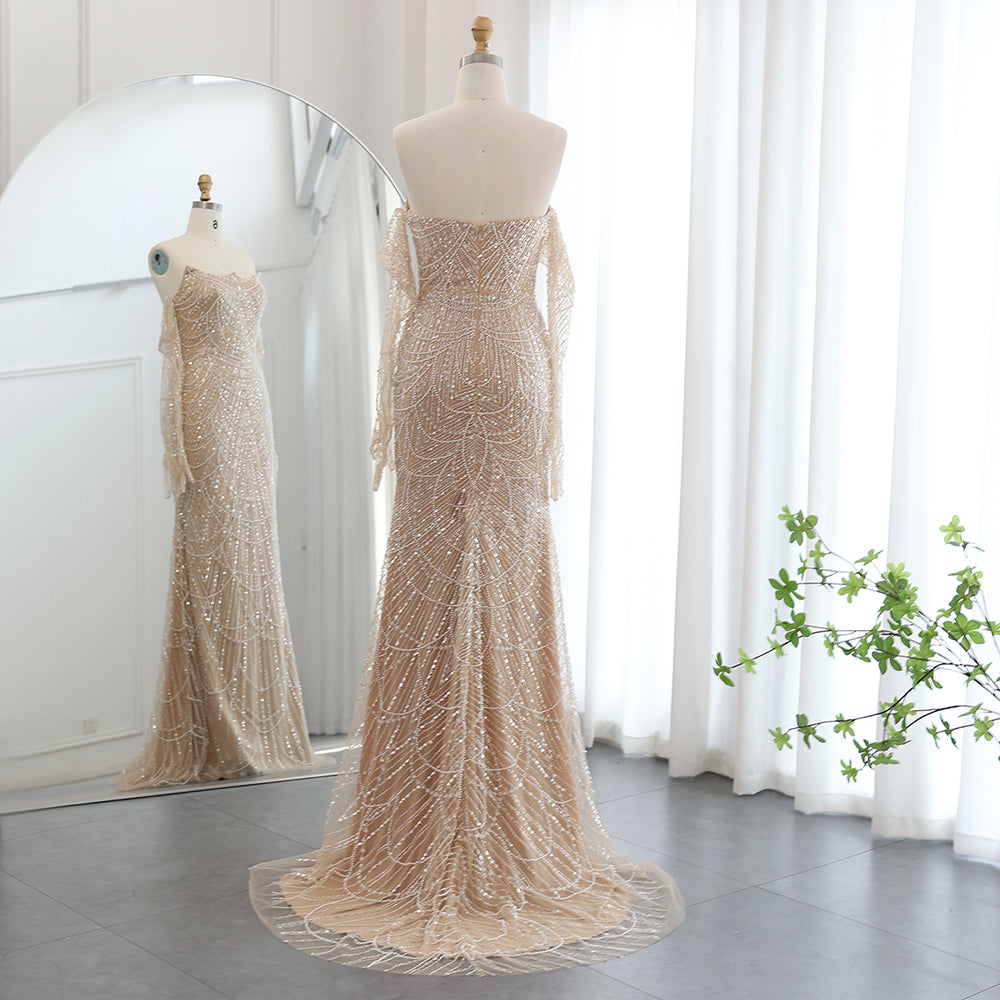 Vestidos de Noite de Sereia de Luxo com Luvas, Bordados e Lantejoulas, Vestido de Baile para Mulheres, Vestidos de Festa