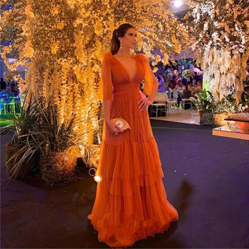 Vestido de Festa de Tule em Camadas Laranja com Mangas Bufantes para Gala ou Eventos Formais