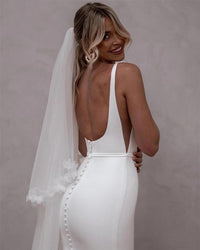 Vestidos de Noiva Elegantes Sereia para Mulheres com Alças de Espaguete, Costas Abertas, Gola Quadrada, Vestidos Nupciais Simples com Cauda Varredoura