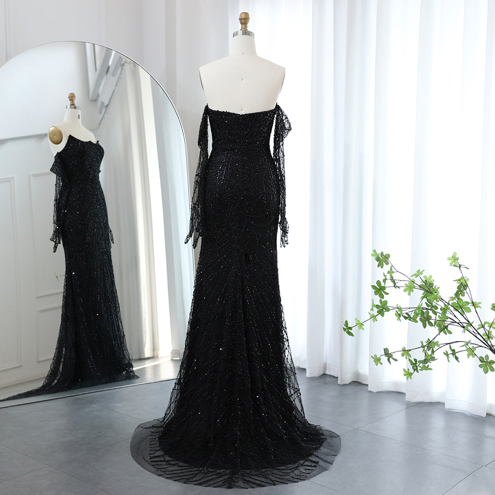 Vestidos de Noite de Sereia de Luxo com Luvas, Bordados e Lantejoulas, Vestido de Baile para Mulheres, Vestidos de Festa