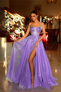 Abito da sera formale glitter con spalline sottili a linea ad A e spacco Ms2504014