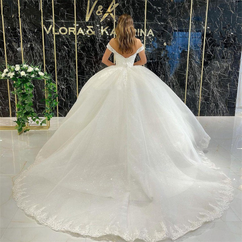 Abito da sposa con scollo a barca per donna, abito da sposa con applicazioni in pizzo, tulle glitterato, abiti da sposa di lusso
