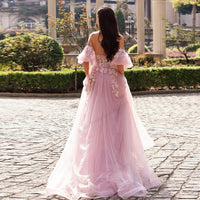 Vestido de Noite Elegante em Tule Ombros Descobertos Vestido de Festa Aplicações de Renda Floral Vestido de Baile Ms2503271