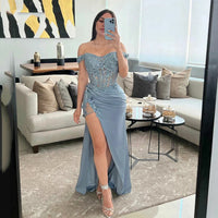 Vestido de Noite de Luxo Ombro a Ombro com Fenda Alta e Aplicações de Renda para Casamento e Ocasiões Formais