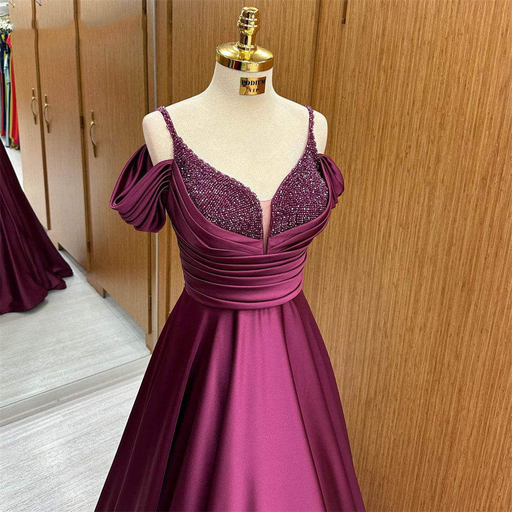 Elegant Purple Evening Gown with Beaded Bodice Off-Shoulder Draped Sleeves Formal Prom Dress
