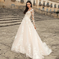 Champange Wedding Dresses Lace Up Corset A-Line Appliques Long Sleeves Boho Bride Dress Plus Size