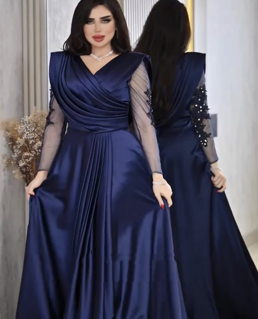 Robe de soirée à col en V avec appliques et perles, manches longues, robe de soirée formelle