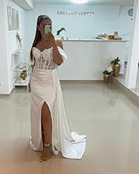 Abiti da sera sexy lunghi con spalle scoperte, vestito da festa con applicazioni in pizzo, spacco alto, abito da ballo
