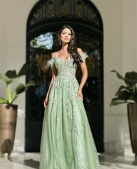 Luxurious Feather Prom Gown Appliques Graduate Party Gown High Slit Formal Dress Ms2504021