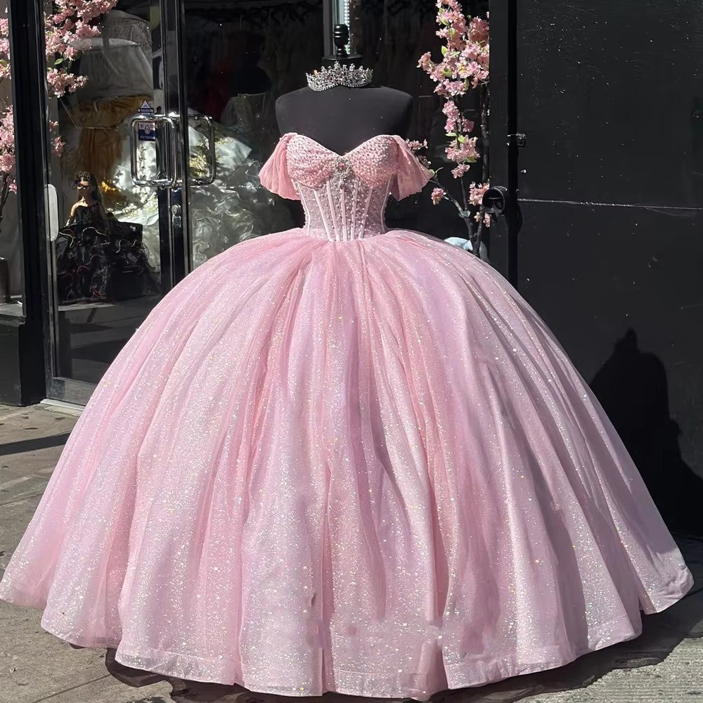 Abiti Quinceanera con Spalline Sottili, Gonne a Palloncino con Pizzo a Farfalla e Perline, Tulle Scintillante, Abiti Sweet 16