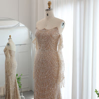 Vestidos de Noite de Sereia de Luxo com Luvas, Bordados e Lantejoulas, Vestido de Baile para Mulheres, Vestidos de Festa