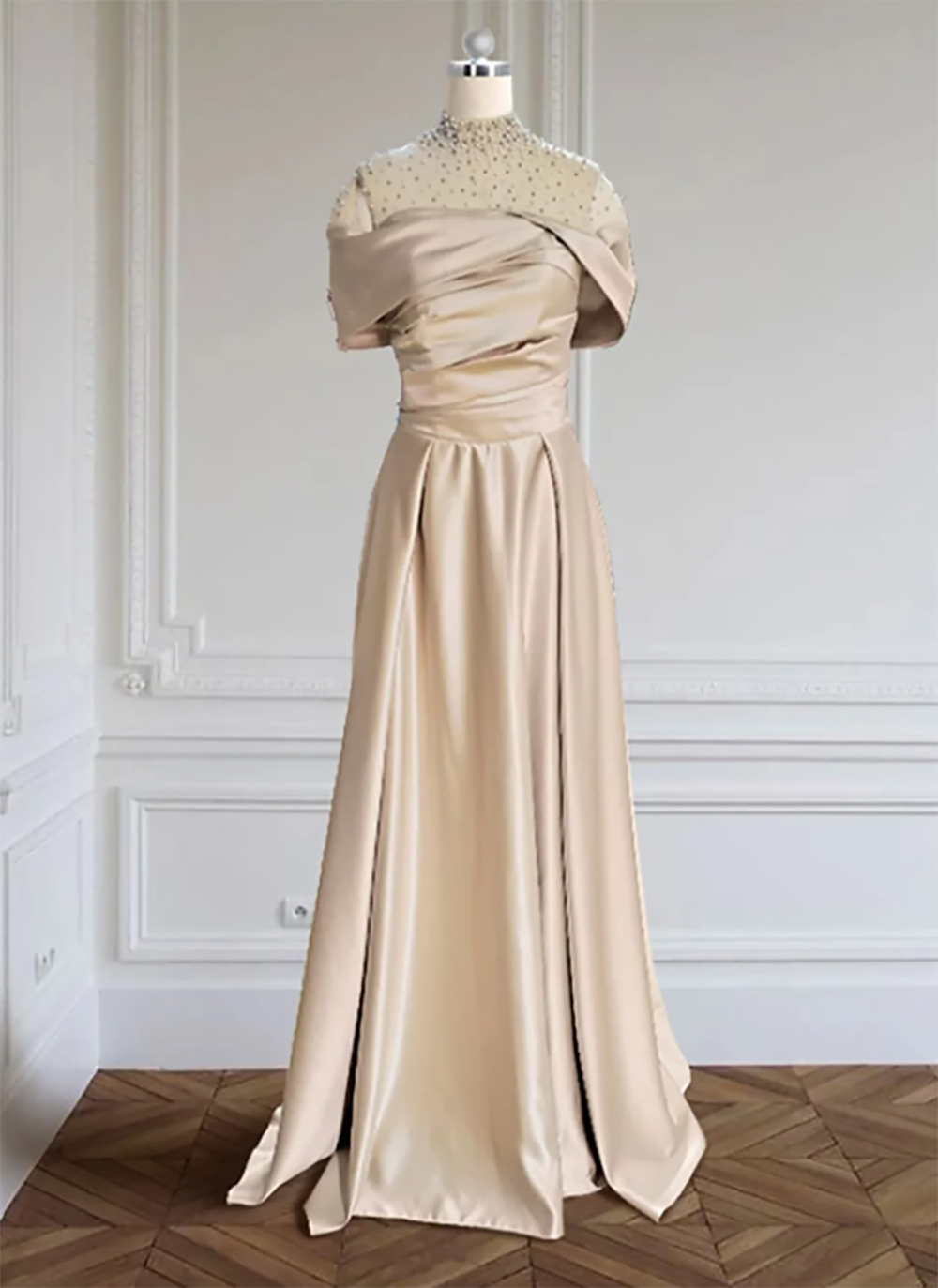 Abito da cerimonia da donna a linea ad A con collo alto, perline, abito da sera in raso di lusso, elegante abito da ballo