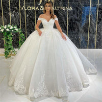 Abito da sposa con scollo a barca per donna, abito da sposa con applicazioni in pizzo, tulle glitterato, abiti da sposa di lusso