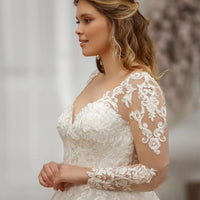 Long Sleeve Lace Plus Size Wedding Dress A-line Tulle Bridal Gown with Appliques Ms2503161