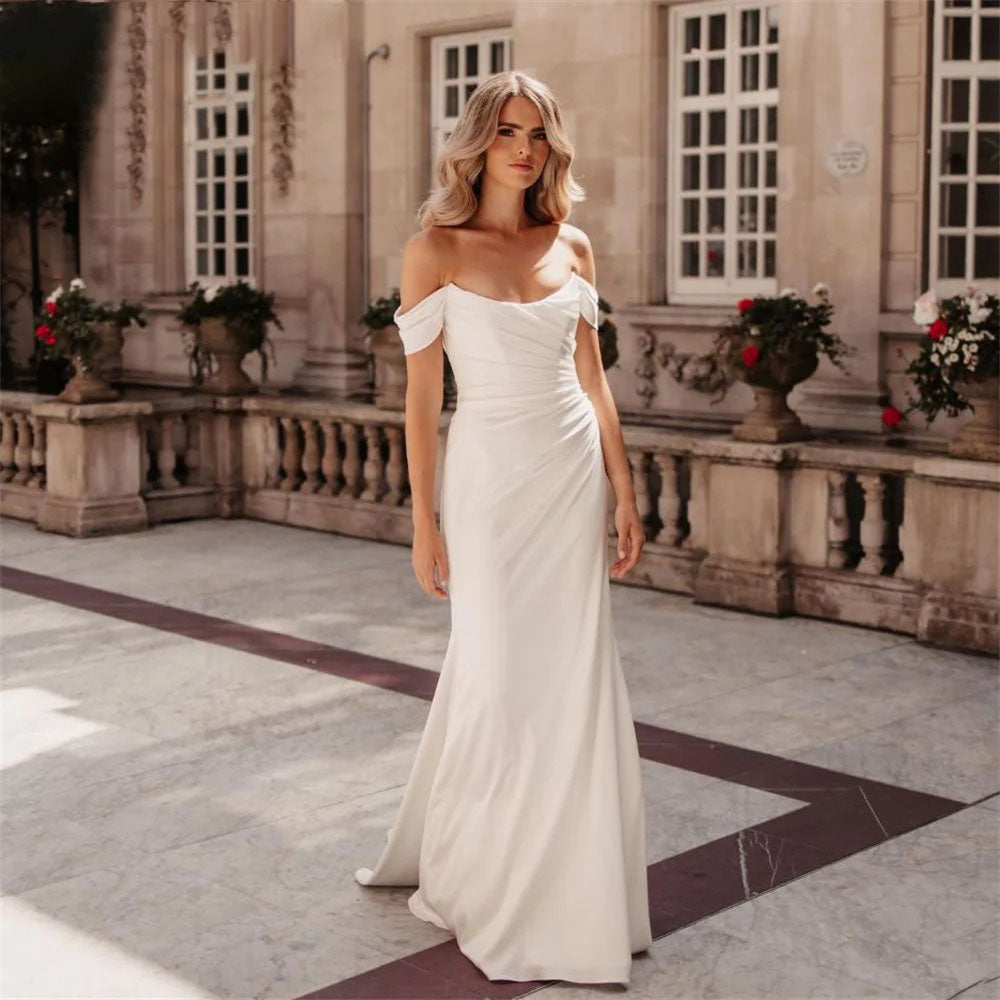 Elegant Mermaid Wedding Dresses Off The Shoulder Scoop Collar Open Back Crepe Bridal Gown