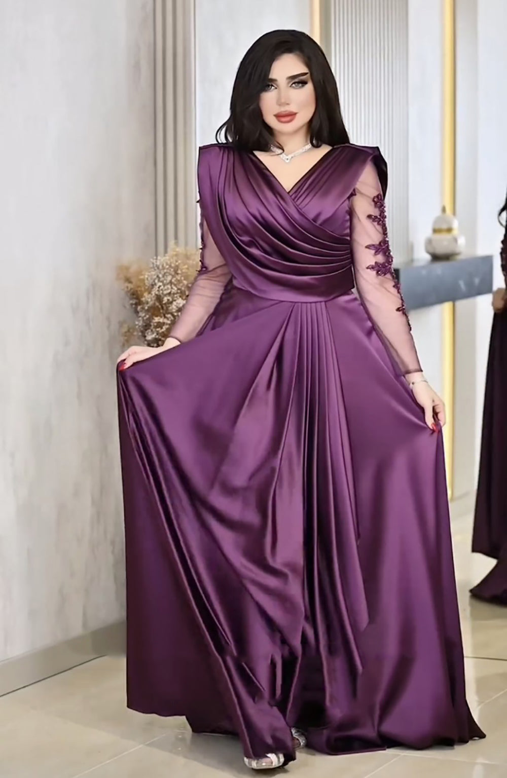 Robe de soirée à col en V avec appliques et perles, manches longues, robe de soirée formelle