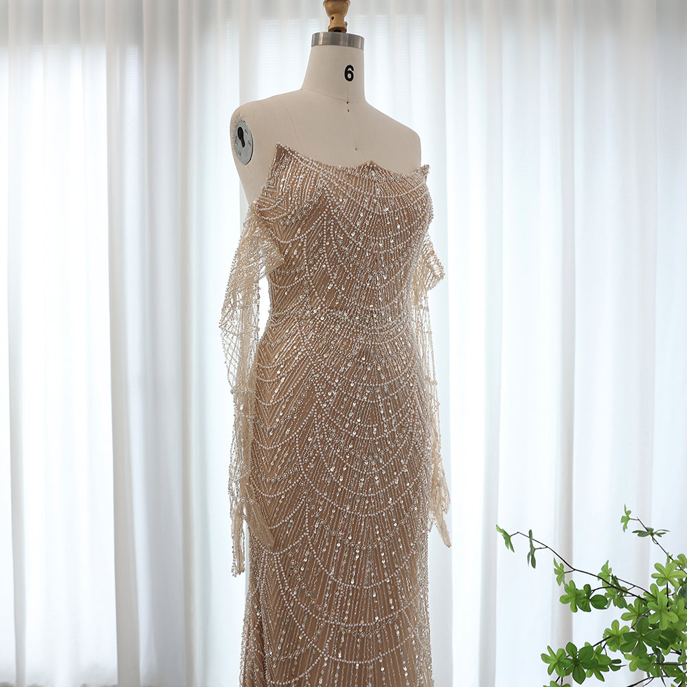 Vestidos de Noite de Sereia de Luxo com Luvas, Bordados e Lantejoulas, Vestido de Baile para Mulheres, Vestidos de Festa