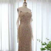 Vestidos de Noite de Sereia de Luxo com Luvas, Bordados e Lantejoulas, Vestido de Baile para Mulheres, Vestidos de Festa