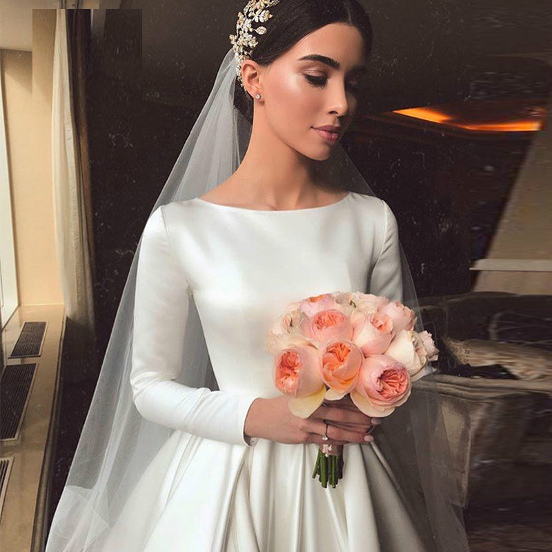 Vintage Satin Wedding Dress Modest Long Sleeves Muslim Princess A Line Brides Bridal Gown