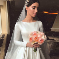 Vintage Satin Wedding Dress Modest Long Sleeves Muslim Princess A Line Brides Bridal Gown