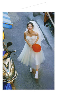 Dolci Abiti da Sposa Semplici e Corti alla Moda con Spalline a Spaghetti Abito da Sposa in Tulle Su Misura Abito da Sposa