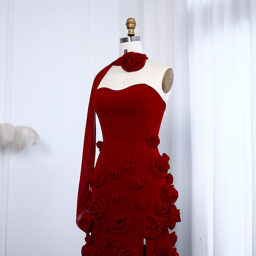 Elegante Abito da Sera con Fiori 3D Rosa 2025 Abito da Sposa Formale Lungo con Spacco Laterale Abito da Festa per Ragazza