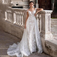 Hochzeitskleid Kurze Ärmel Spitzenapplikationen Meerjungfrau Brautkleid Mit Abnehmbarer Schleppe Überrock Spitze Brautkleider