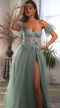 Vestido de Baile Elegante em Tule com Brilhos, Decote Coração, Mangas Bufantes, Fenda Lateral, Vestido Sexy para Festa, Vestido Longo de Noite