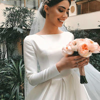 Vintage Satin Wedding Dress Modest Long Sleeves Muslim Princess A Line Brides Bridal Gown