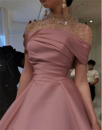 Abito da cerimonia da donna a linea ad A con collo alto, perline, abito da sera in raso di lusso, elegante abito da ballo