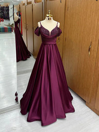 Elegant Purple Evening Gown with Beaded Bodice Off-Shoulder Draped Sleeves Formal Prom Dress