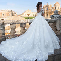 Elegant Wedding Dresses Illusion Long Sleeve Backless Applique Lace Princess Lady V-Neck Bridal Gowns