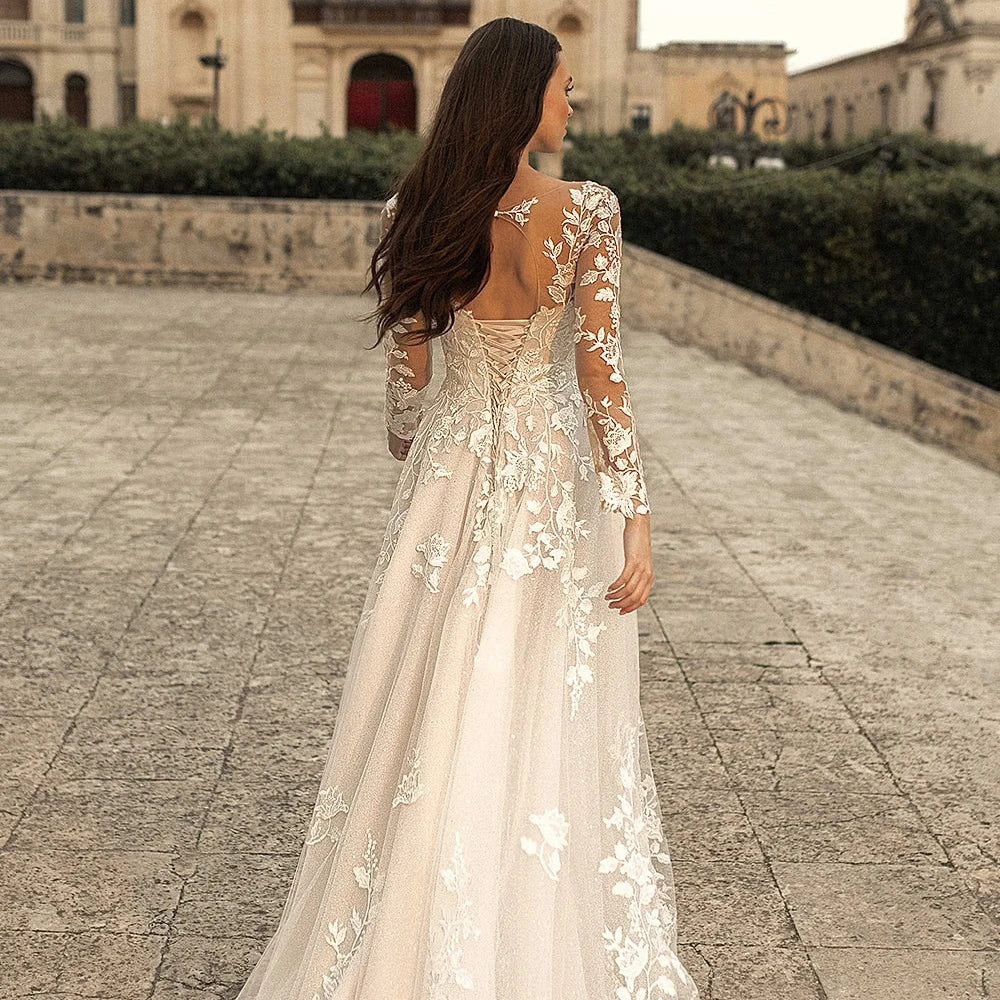 Champange Wedding Dresses Lace Up Corset A-Line Appliques Long Sleeves Boho Bride Dress Plus Size