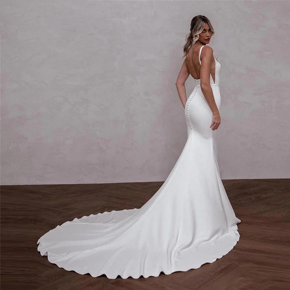 Vestidos de Noiva Elegantes Sereia para Mulheres com Alças de Espaguete, Costas Abertas, Gola Quadrada, Vestidos Nupciais Simples com Cauda Varredoura